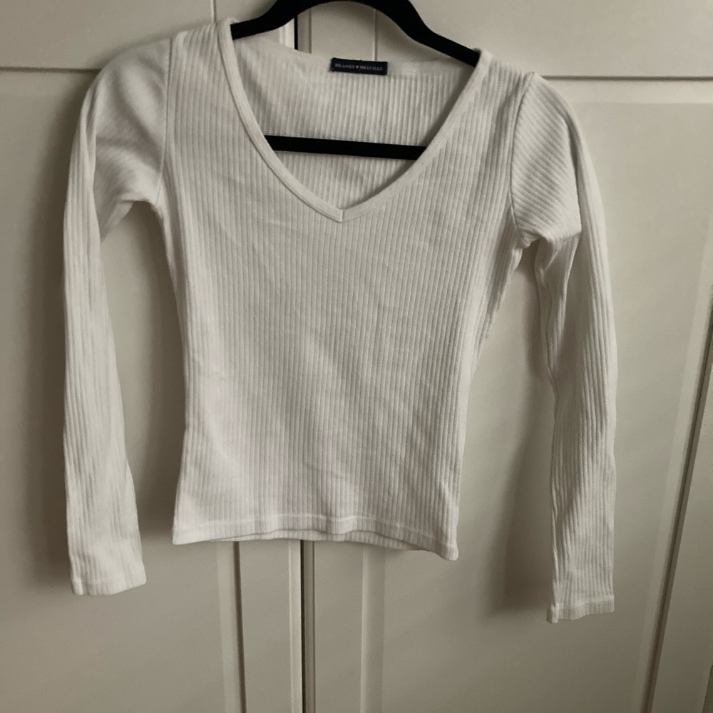 Brandy Melville Ribbed V-Neck Long Sleeve Top